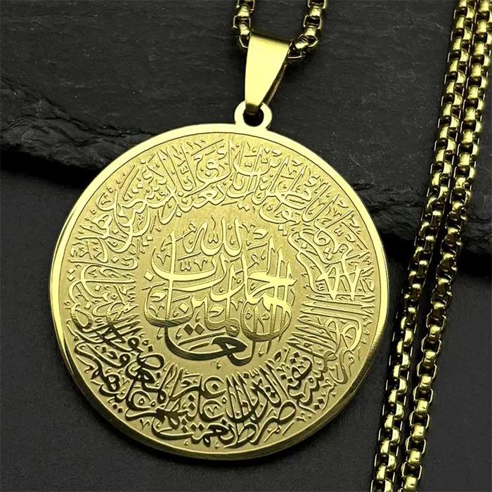 Médaille ronde islamique collier avec pendentif acier inoxydable couleur or bijou pour hommes femmes occasions spéciales partys anniversaires cadeau traditionnel
