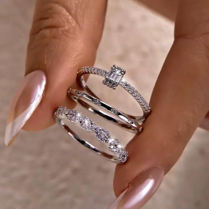 Bague Cube de Sucre Harlermoon en Cuivre Sertie de Zirconium Blanc Minimaliste Pour Femme Occasions Spéciales Empilable