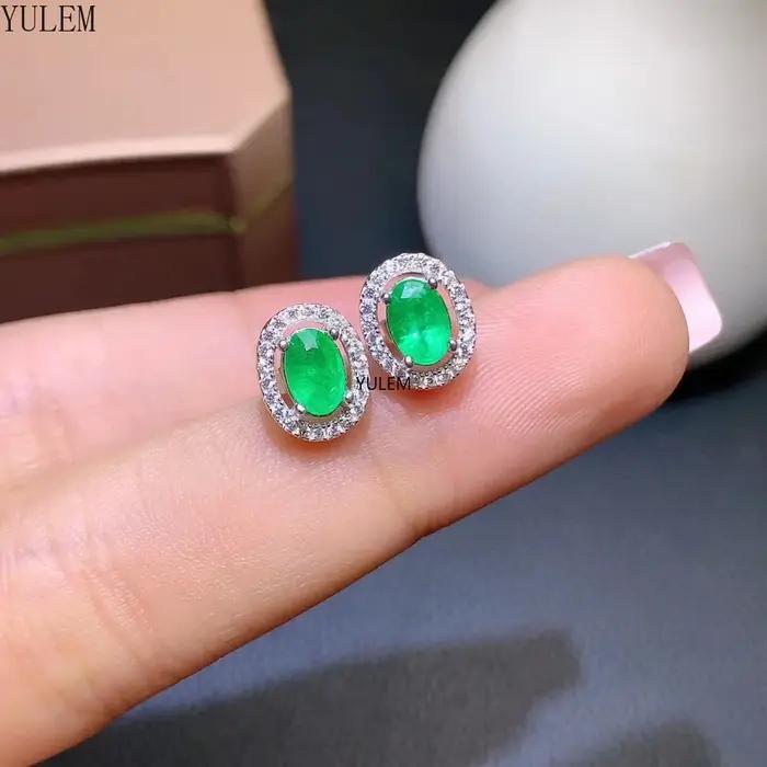 Boucles d'oreilles en argent sterling 925 et émeraude naturelle ovale pour femmes occasions spéciales élégantes