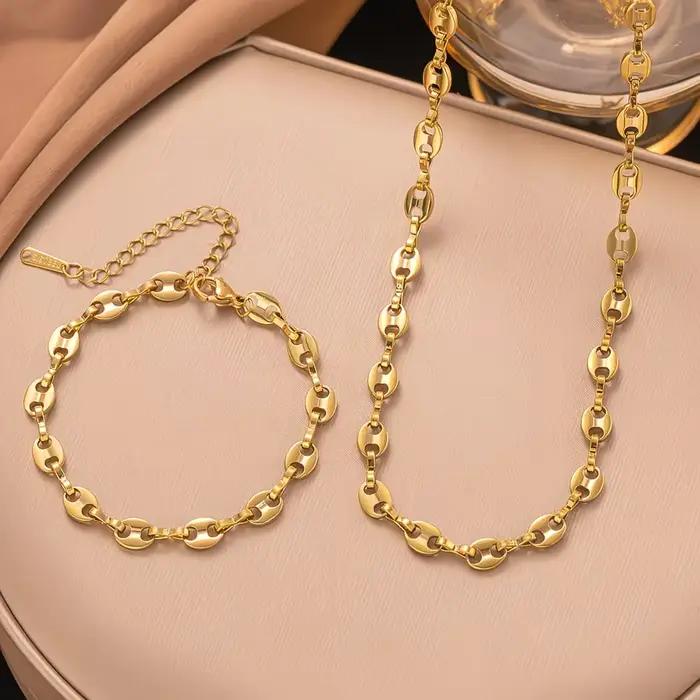 Ensemble collier et bracelet tendance pour homme et femme, couleur or, perles en forme de grains de café, avec fermoir en acier inoxydable, bijoux de cou pour soirée