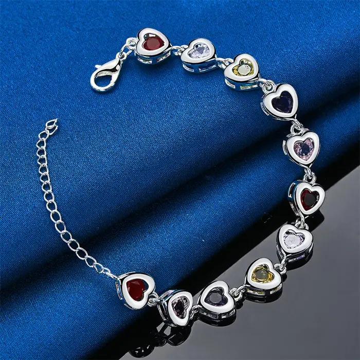 Bracelet en argent sterling 925 avec zircon coloré en forme de cœur bijoux classiques pour femmes occasions spéciales engagement mariage anniversaire