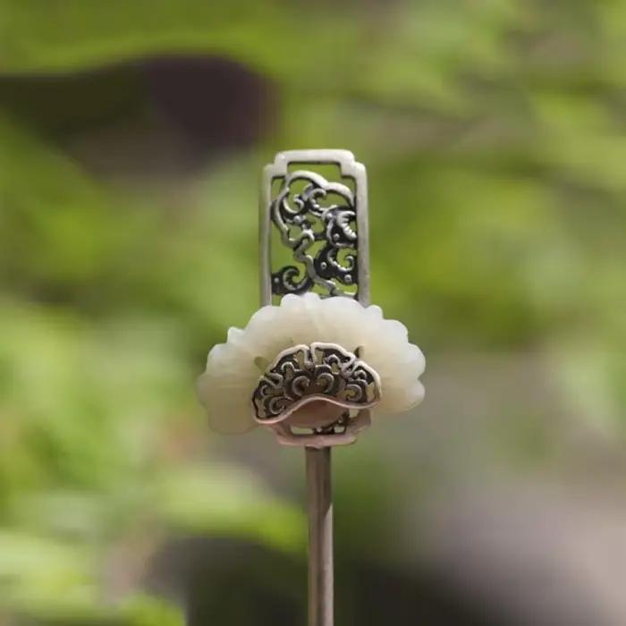 Bijoux de cheveux en jade blanc naturel incrusté d'argent 925, Hetian, style ethnique vintage classique, accessoire hanfu, motif de nuage de cieux