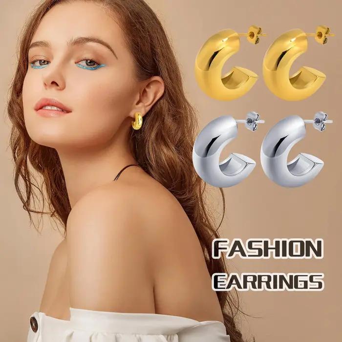 Boucles d'Oreilles Créoles Élégantes en Acier Inoxydable pour Femmes Occasions Spéciales Mode Grosses Boucles D'Oreilles Plaquées Or Argent