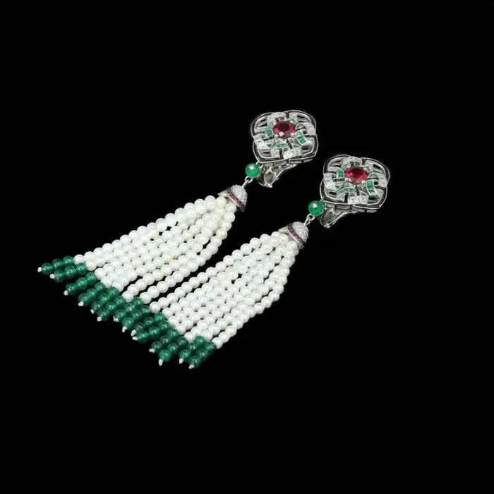 Bellux bijoux conception Unique 925 argent Zircon sang de Pigeon rubis vert perles Vintage gland perle boucles d'oreilles
