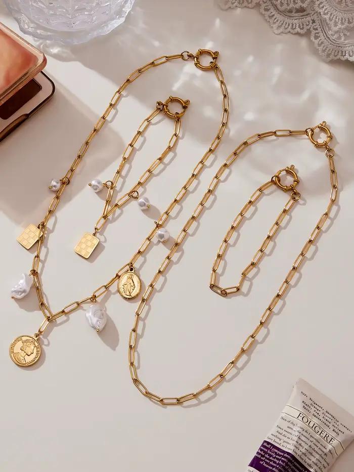 Liora Style coréen Imitation perle pendentif breloques colliers Bracelets pour Femme chaîne en acier inoxydable