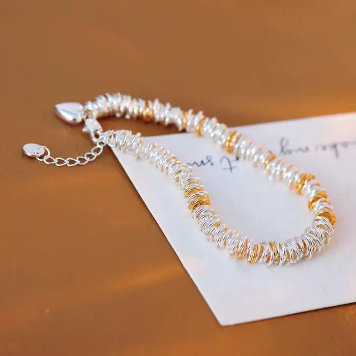 Bracelet fin en perles d'argent écrasées, mini breloque cœur 3D, accessoire simple, bijou de poignet unique, cadeaux d'anniversaire pour femmes, tenue de rendez-vous