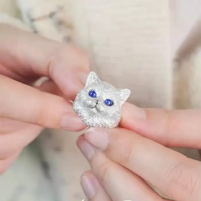 Bagues en forme de chat en relief camée pour femmes, design original à la mode, en argent 925, avec yeux bleus mignons, bijoux de banquet réglables