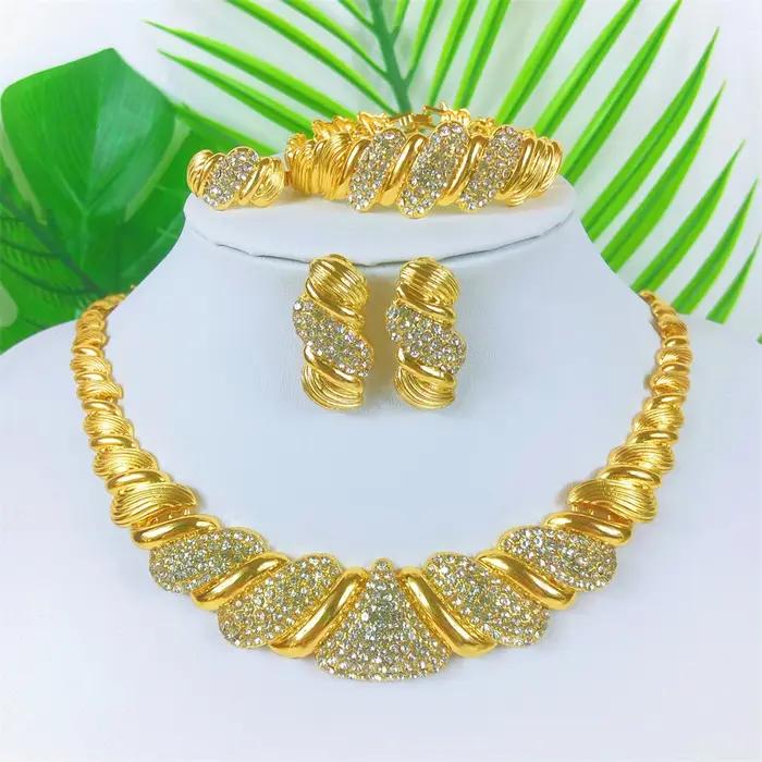 ESALE Ensemble de bijoux plaqué or tendance Dubaï, collier en zircon cubique pour femmes, bracelet et boucles d'oreilles, bijoux de mariage africains