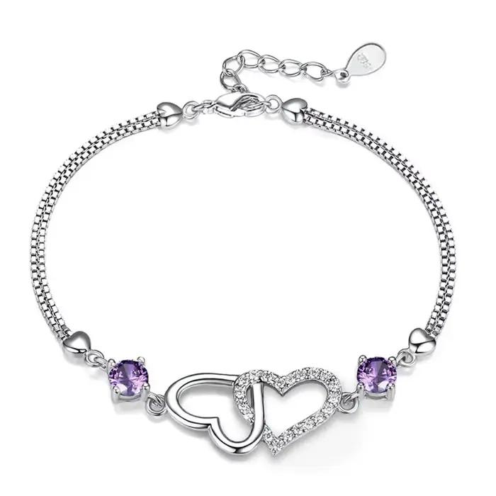 Bracelet en argent Sterling S925 incrusté d'améthyste orné de Zircon en forme de cœur pour femmes