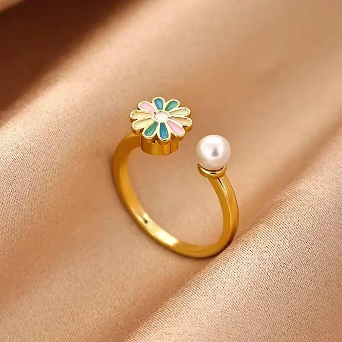 Bagues rotatives marguerites colorées pour femmes, plaquées or 18 carats, anti-stress, bijoux de mode, cadeaux pour toutes les occasions