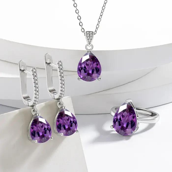 Ensemble de bijoux en argent 925 pour femmes, bague, boucles d'oreilles, collier, accessoires de fiançailles et de mariage