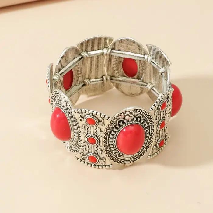 Bracelet élastique large tribal style campagnard occidental anneau à main turquoise style ethnique européen américain or jaune clair rhodium or