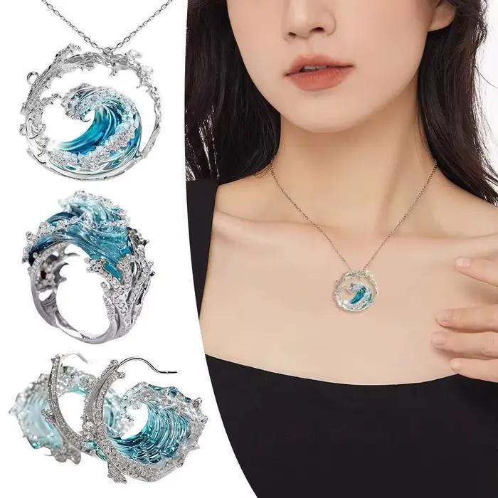 Ensemble de bijoux Ocean's Oath collier bague boucles d'oreilles cadeau femme océan bleu ciel or jaune clair océan tranquille occasions spéciales