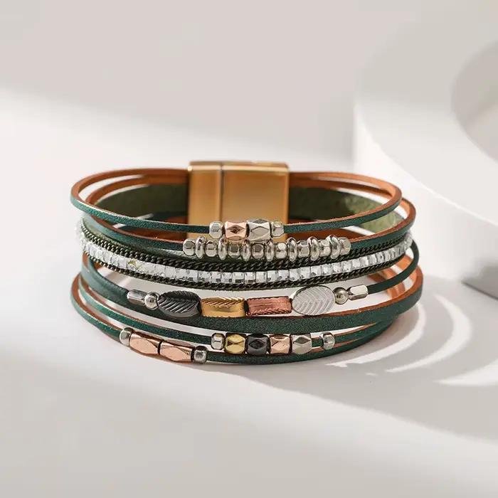 Bracelets en cuir multicouches bohème pour femmes, mode vintage, bracelet perlé, bijoux créatifs faits à la main, cadeaux porte-bonheur féminins