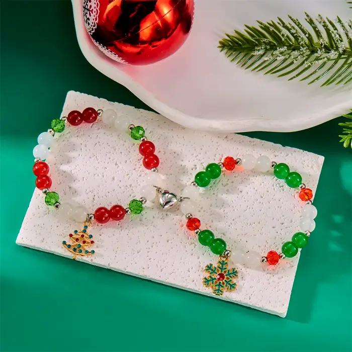 Bracelet de couple de perles de cristal de Noël pour femmes et hommes, vert, rouge, père Noël, arbre, coeur, perles de verre magnétiques, bracelet, bijoux de Noël
