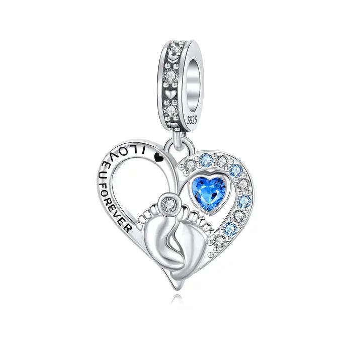 Breloque empreinte de pied de bébé en argent sterling 925 perle gravée I LOVE U FOREVER pendentif cœur pour maman cadeau spécial occasions familiales naissance anniversaire amour indestructible