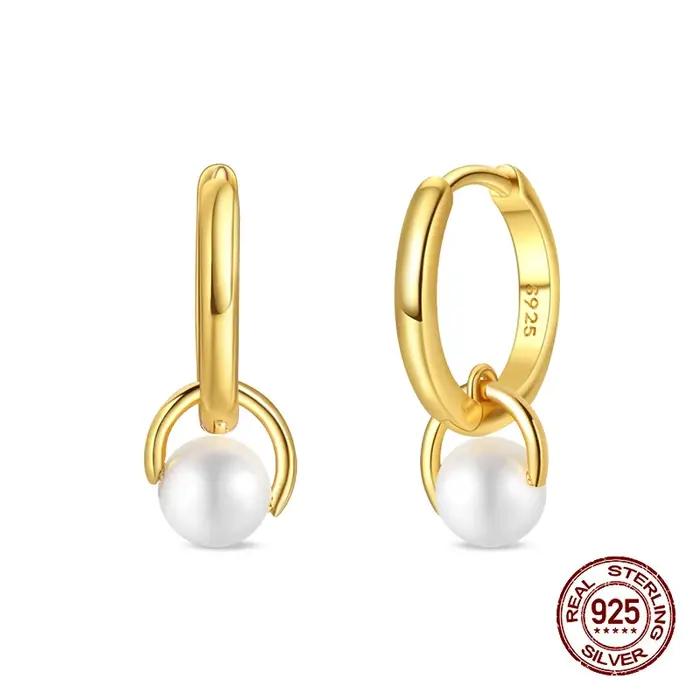 100% 925 argent Sterling perle géométrie dorée boucles d'oreilles pour les femmes mode fête d'anniversaire bijoux de