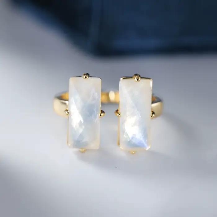 Bague de fiançailles en pierre de lune naturelle, coupe Baguette, en argent Sterling 925, bande régl