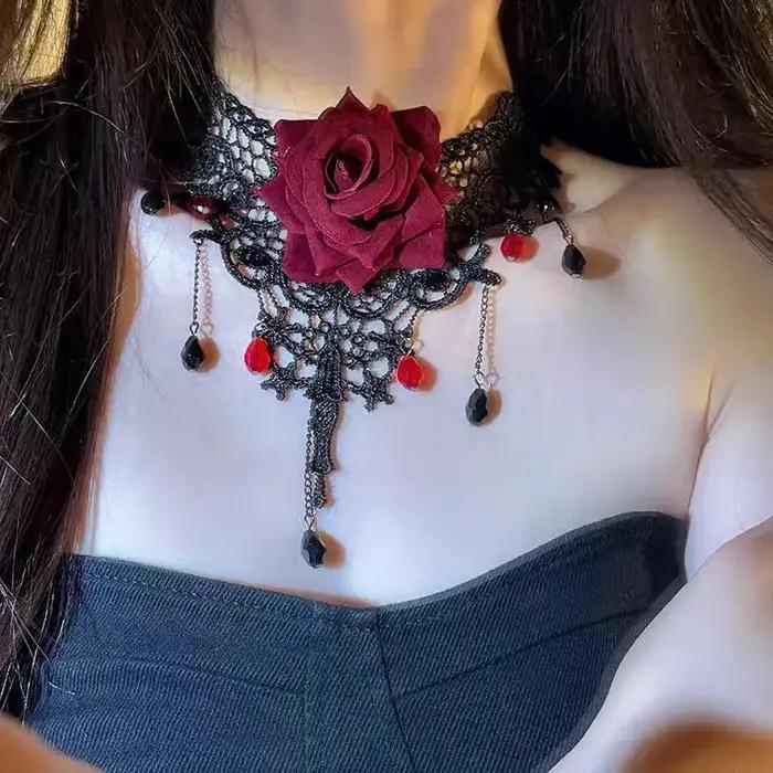 2025 Collier rose en dentelle Dark Romance - Bijoux gothiques d'Halloween pour femme