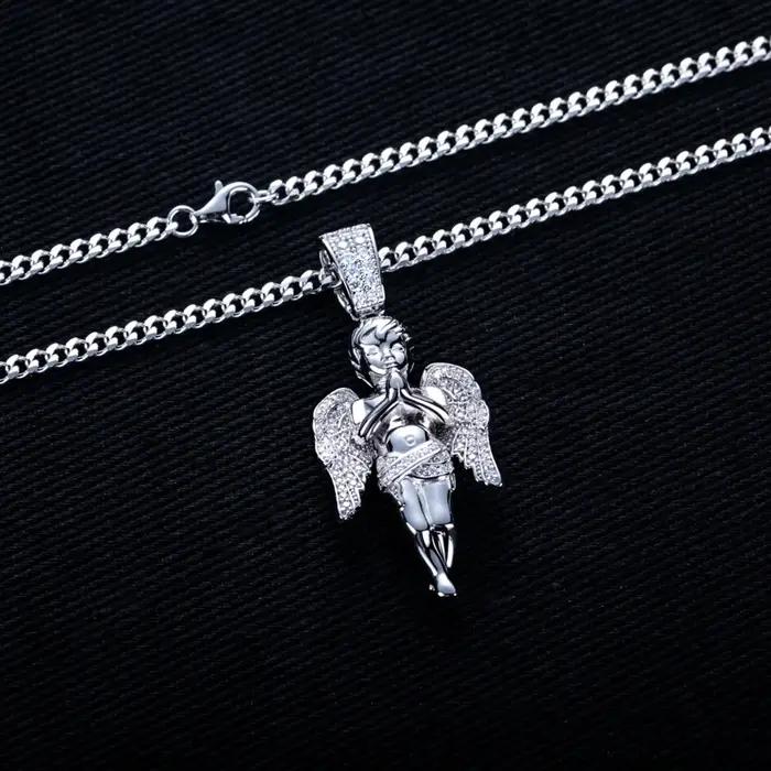 Moissanite glacé ange béni pendentif Bling Hip Hop collier 925 en argent Sterling hommes mode Punk Rock bijoux