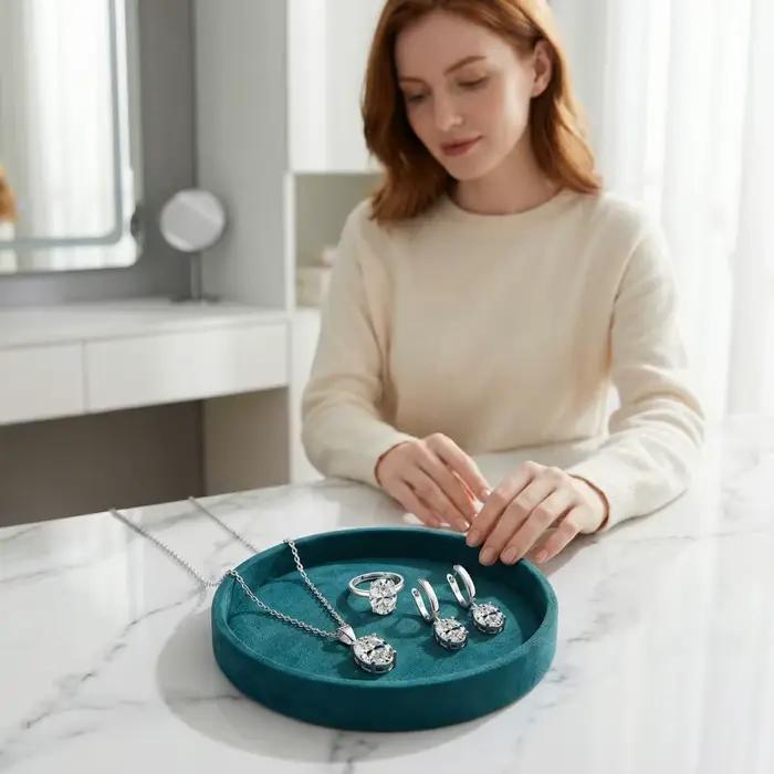 Ensemble de bijoux pour femmes en argent sterling 925 : bague ovale en zircon taillée en diamant, collier, boucles d'oreilles - Accessoires et cadeaux de luxe