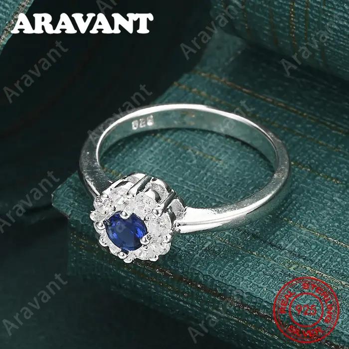 Bague en argent sterling 925 avec zircon bleu rond 7-10 - Cadeau unique pour femme