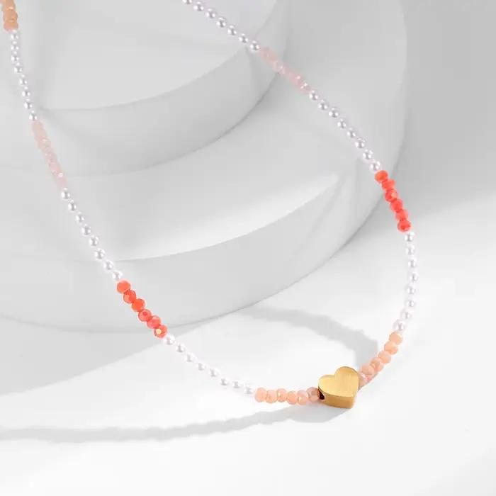 Loe | Joli collier de perles roses pour femmes et filles, bijoux bohémien en acier inoxydable, bre