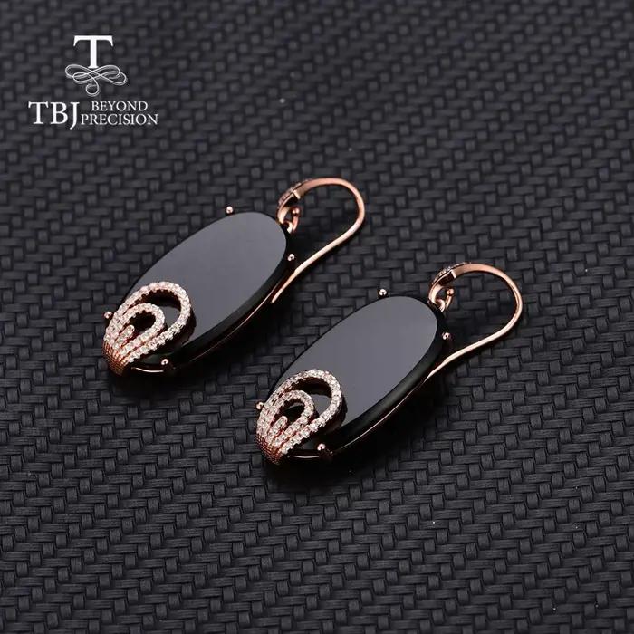 TBJ, vogue crochet longue boucle d'oreille 26.4ct naturel noir agate onyx 925 argent sterling or rose pierre précieuse