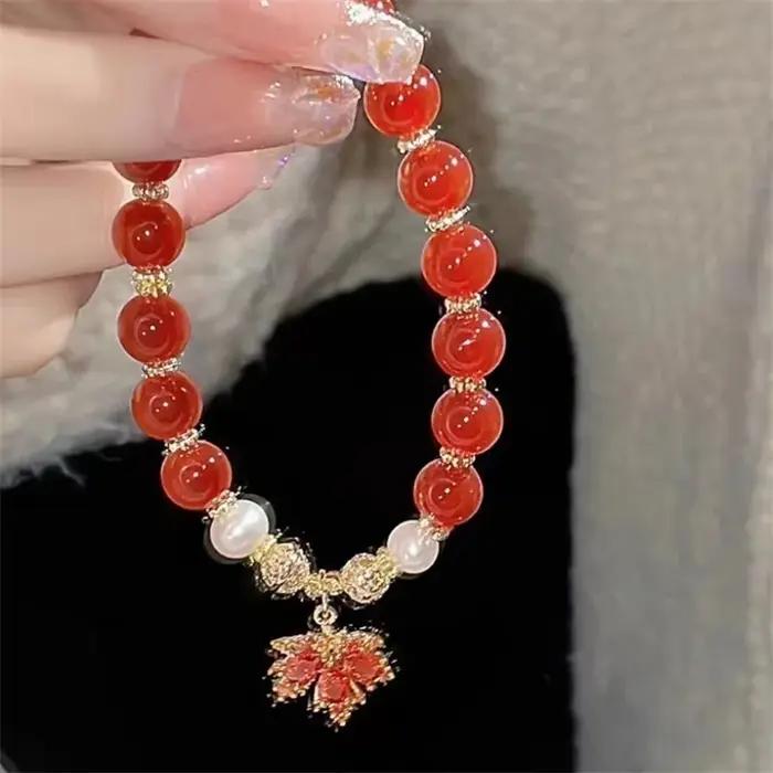 Bracelet rétro en perles de cristal rouge pour femmes