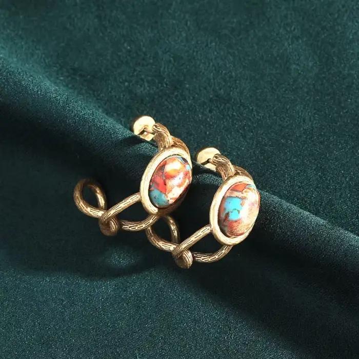 JOJewelry-Ensemble de boucles d'oreilles à clip ovales vintage pour femmes, carte nautique, collier pendentif, luxe, pierre naturelle, grand, 2024