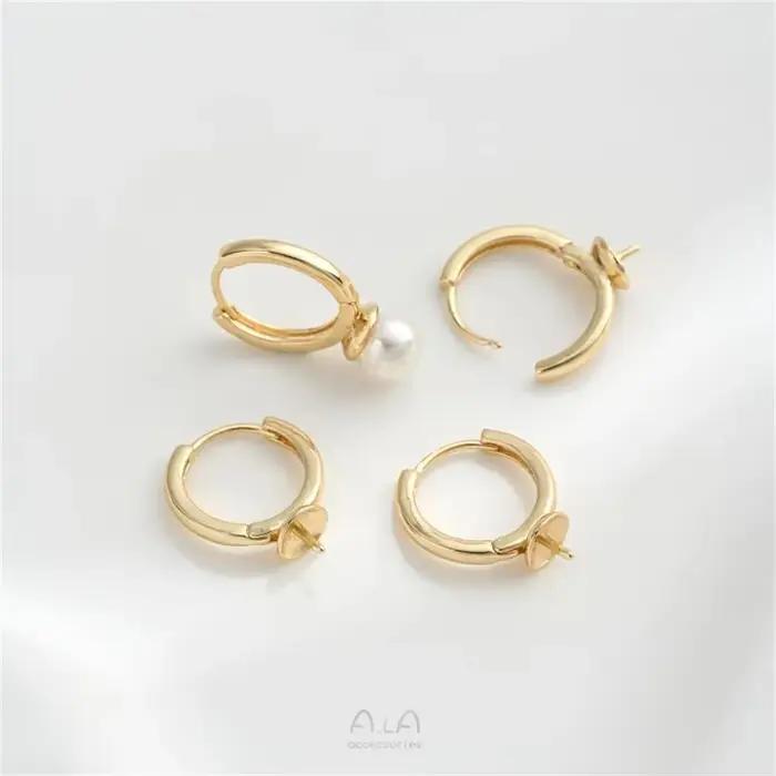 Boucle d'oreille en perles demi-trou incrustée de Zirconium plaqué or 14K, boucle de cosse sans yeux