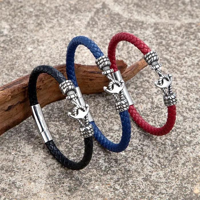 Bracelets d'ancre en cuir tressé noir/rouge/bleu 6mm pour femmes et hommes