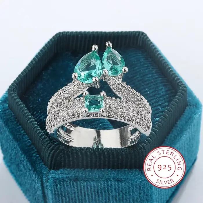 Bague en Zircon Paraiba exquise pour femmes, bague de mariage en argent 925 Double couche de haute q