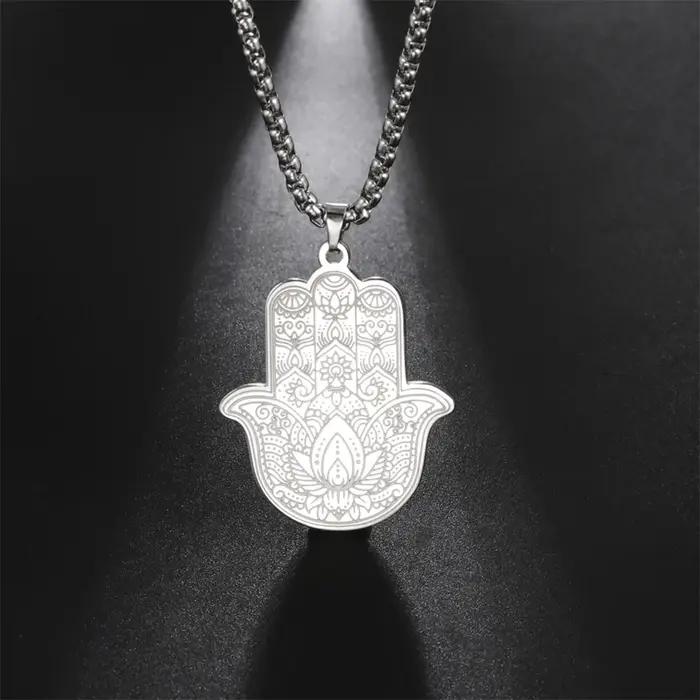 Collier main de Fatma fleur de lotus en acier inoxydable avec chaîne maille vénitienne pour hommes style vintage yoga hindou occasion spéciale