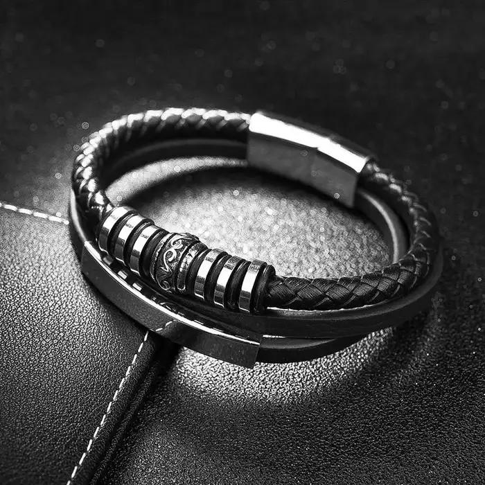 Bracelet en cuir pour homme style punk acier inoxydable plaqué argent rhodium occasion quotidienne fête cadeau original