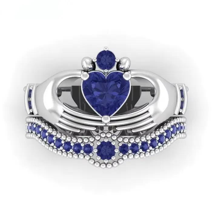 Ensemble de bagues Claddagh en saphir de laboratoire Queen Heart, or blanc 10 carats, bagues de fian