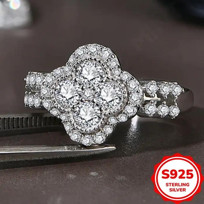 Bague en or blanc 18 carats plaqué or avec diamant, bijoux fins à quatre feuilles pour femmes, argent sterling S925, cadeau de fiançailles et de mariage