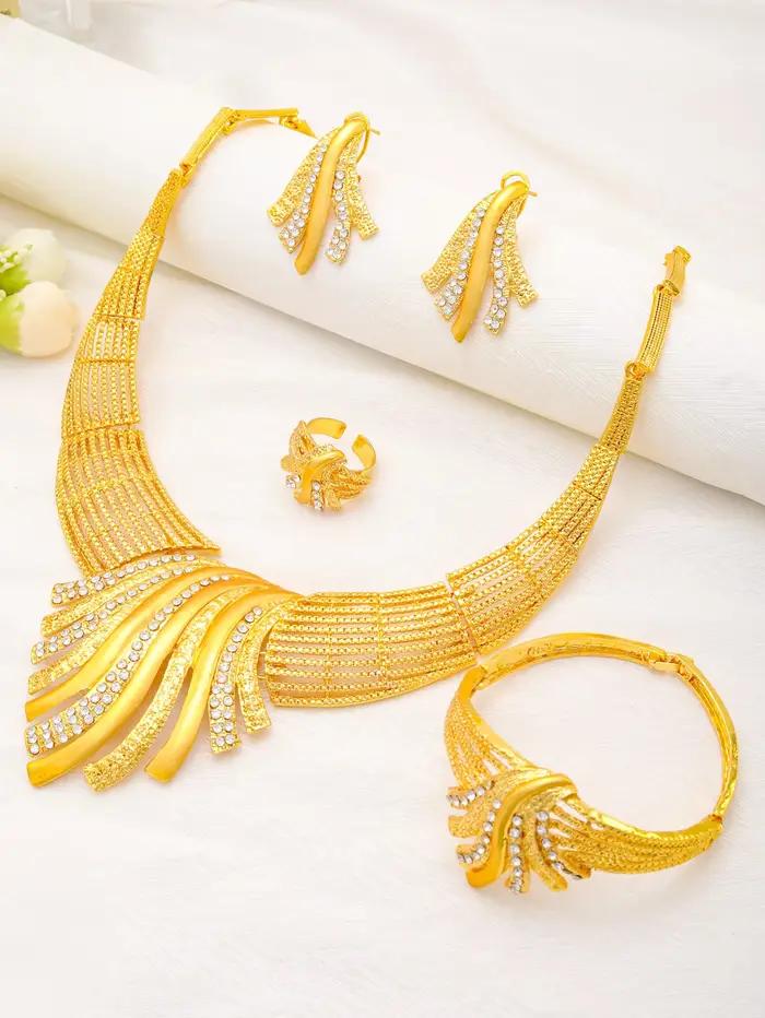 Ensembles de bijoux africains couleur or pour femmes collier ras du cou indien boucles d'oreilles bracelet bague motifs géométriques mariage occasions spéciales