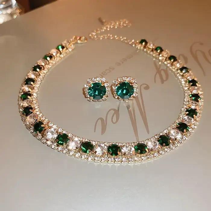 FYUAN luxe collier boucles d'oreilles ensembles vert cristal
