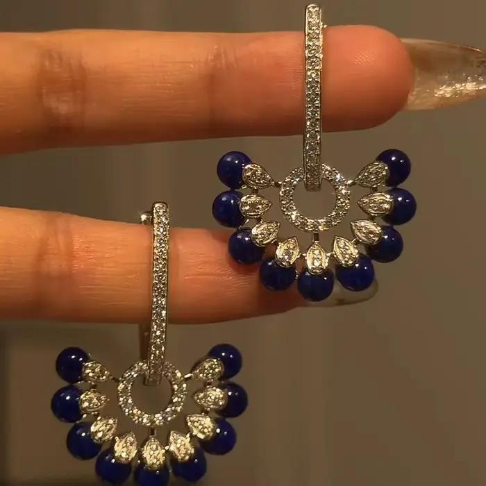 Boucles d'oreilles Vintage à pampilles en pierres précieuses bleu foncé pour femmes