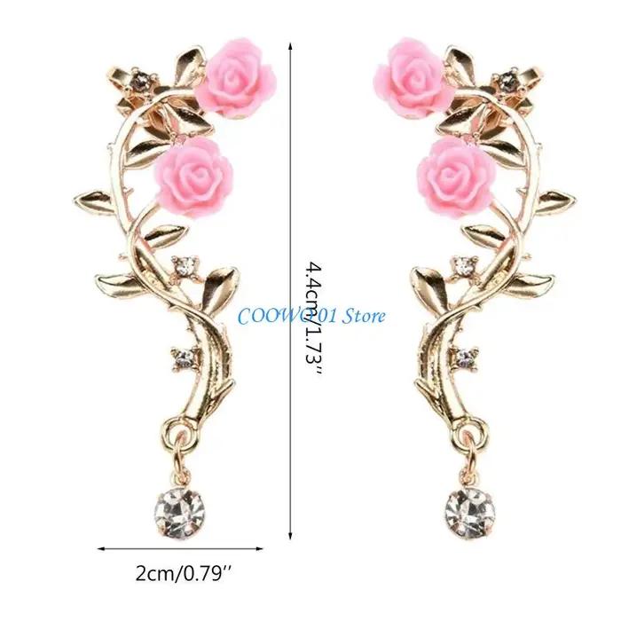 Boucle d'oreille Rose F19D, manchette élégante, fleur, Piercing, pour femmes, cadeau