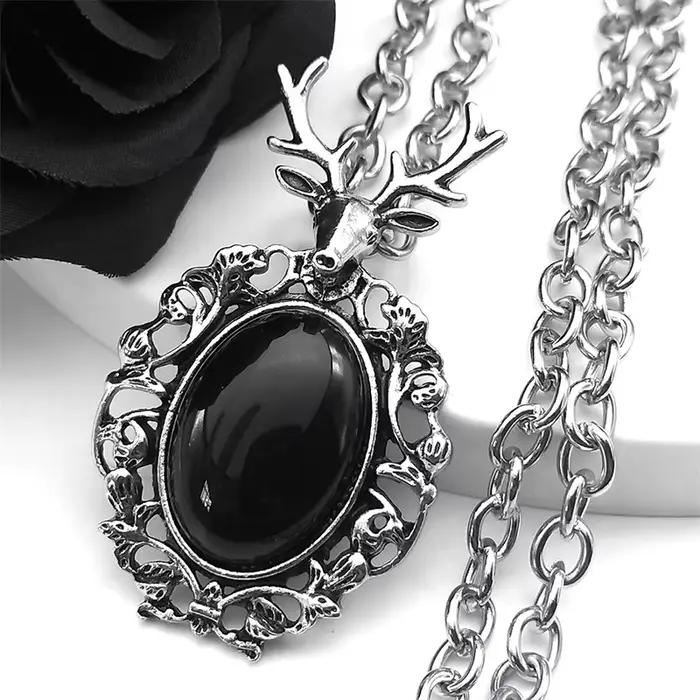 Gothique Sika Cerf Creux Fleur Pendentif Pierre Pendentif Collier Hommes En Acier Inoxydable Punk JO