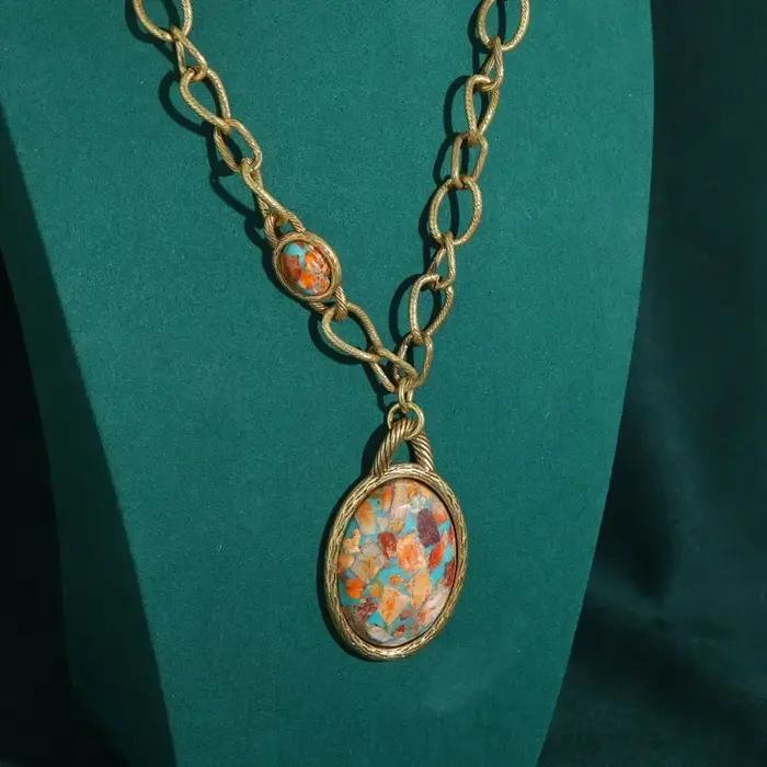 JOJewelry-Ensemble de boucles d'oreilles à clip ovales vintage pour femmes, carte nautique, collier pendentif, luxe, pierre naturelle, grand, 2024