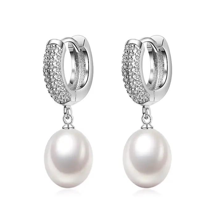 Boucles d'oreilles en argent 925 avec perles naturelles pour femmes et filles, cerceau suspendu blan