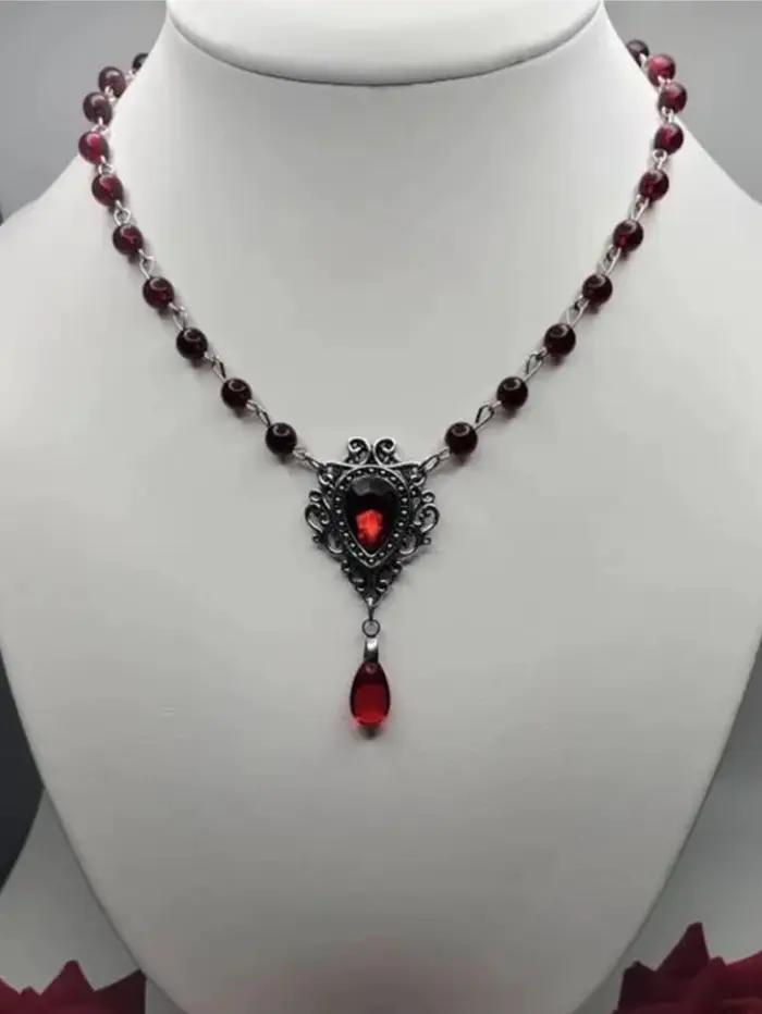 Victoria gothique argent couleur dentelle rouge goutte d'eau verre cristal pendentif perle chaîne co