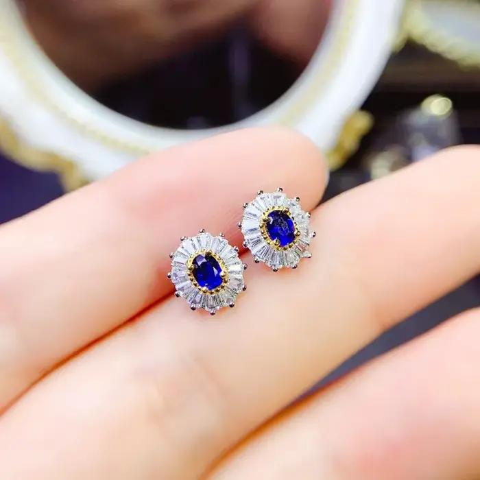 Boucles d'oreilles à clous en saphir naturel pour femme, argent sterling 925, élégantes pour les occasions spéciales, cadeaux d'anniversaire, tenues de tous les jours