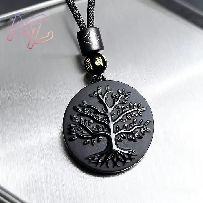 Collier pendentif arbre de vie en obsidienne véritable sculpté, cadeaux Vintage pour femmes, pierres précieuses naturelles, bijoux de charme de créateur de mode