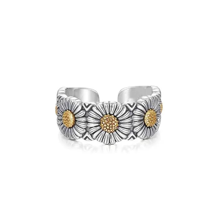 Bague ouverte réglable en forme de marguerite rétro pour hommes et femmes