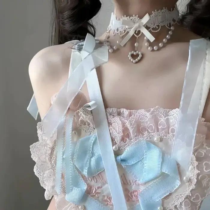 Collier en dentelle perlée Sweet Lolita Y2K avec ruban pour femme