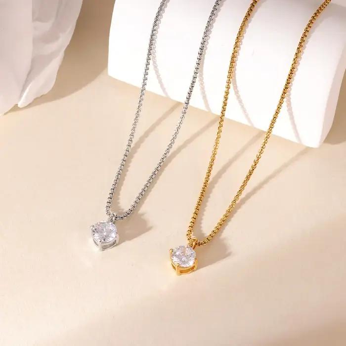 Collier pendentif solitaire en acier inoxydable – Bijoux minimalistes incrustés de cristal doré/argent pour femmes